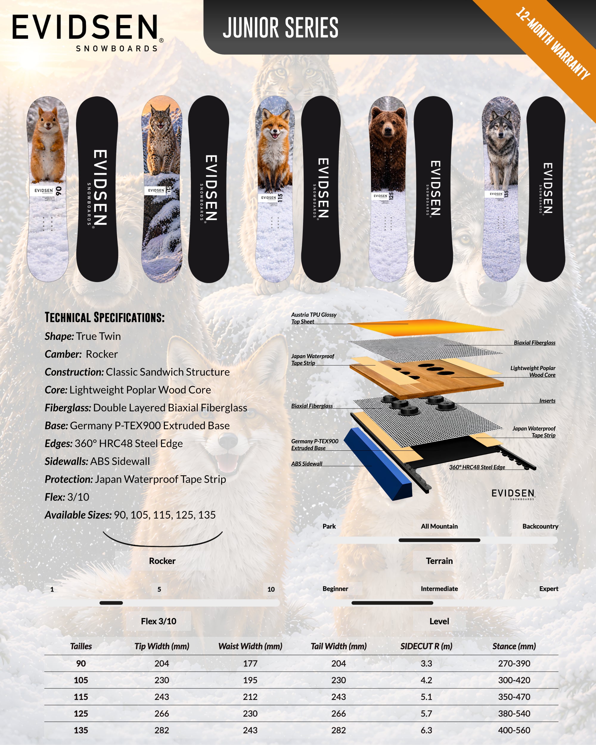 EVIDSEN SNOWBOARDS - Planche de Snowboard JUNIOR - Foxy - 115cm
