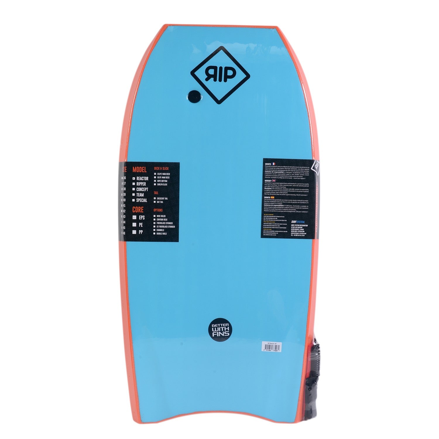 RIP Bodyboard - Reactor Stringer avec leash (EPS) - Orange / Blue