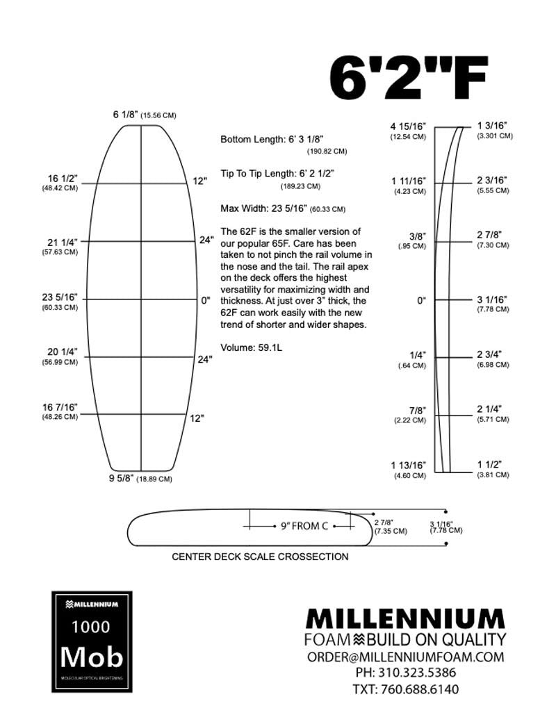 MILLENNIUM 6'2 F BLUE 1/8 BASS NATURAL ROCKER foam bar