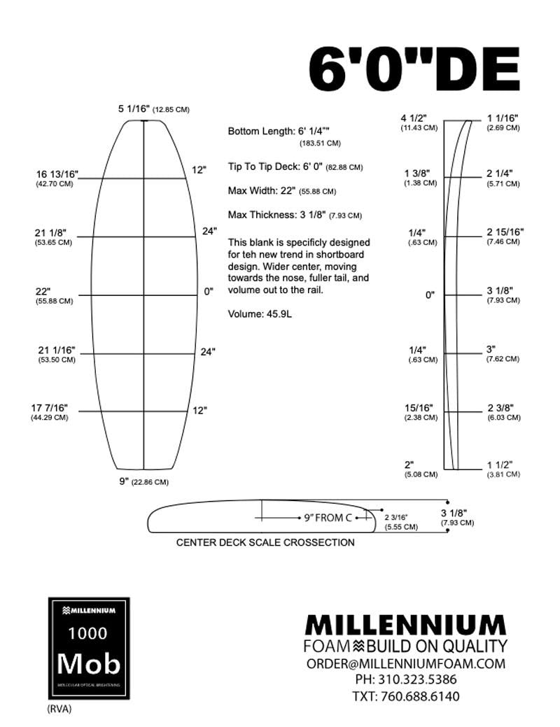 MILLENNIUM 6'0 BLUE 1/8 BASS NATURAL ROCKER foam bar