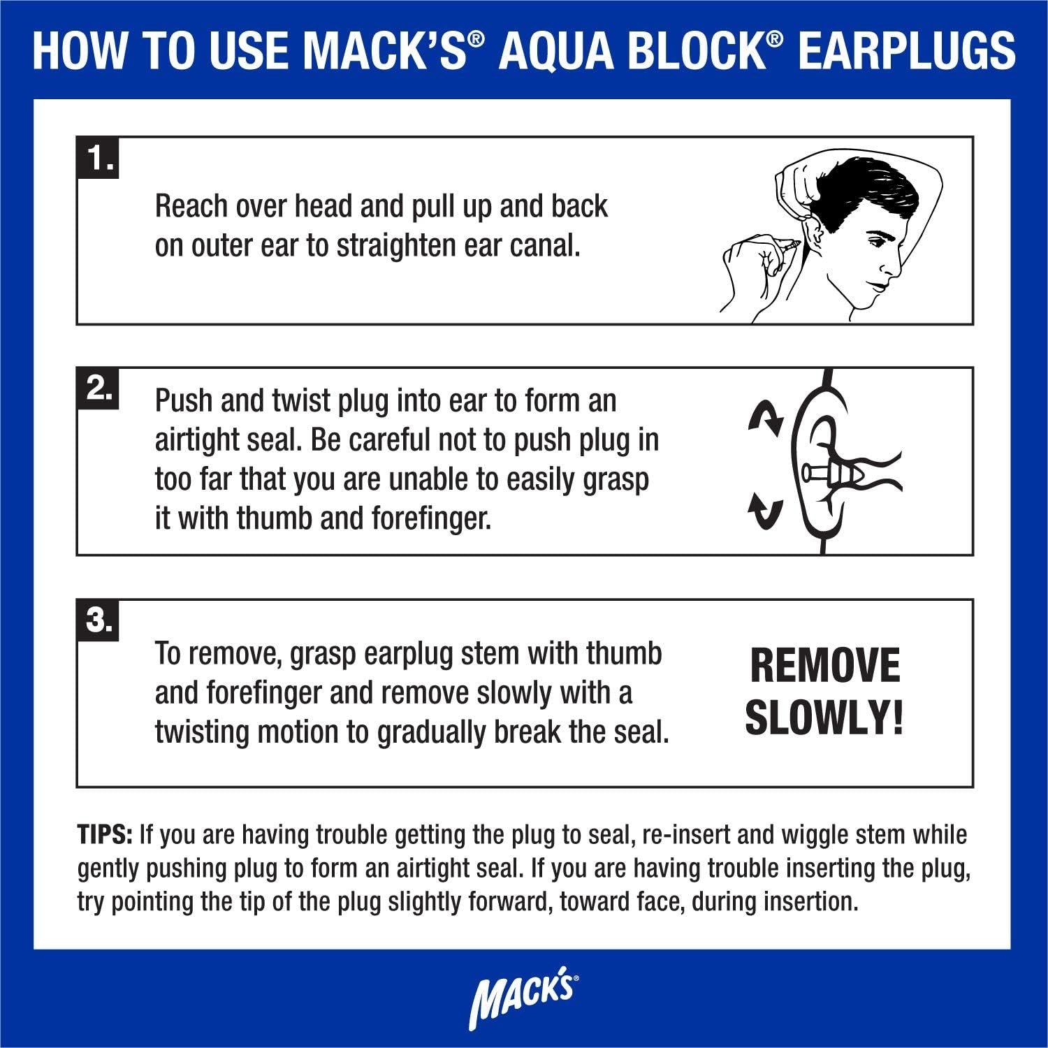 MACK'S EARPLUGS - Aqua Block - Clear - 2 Paires