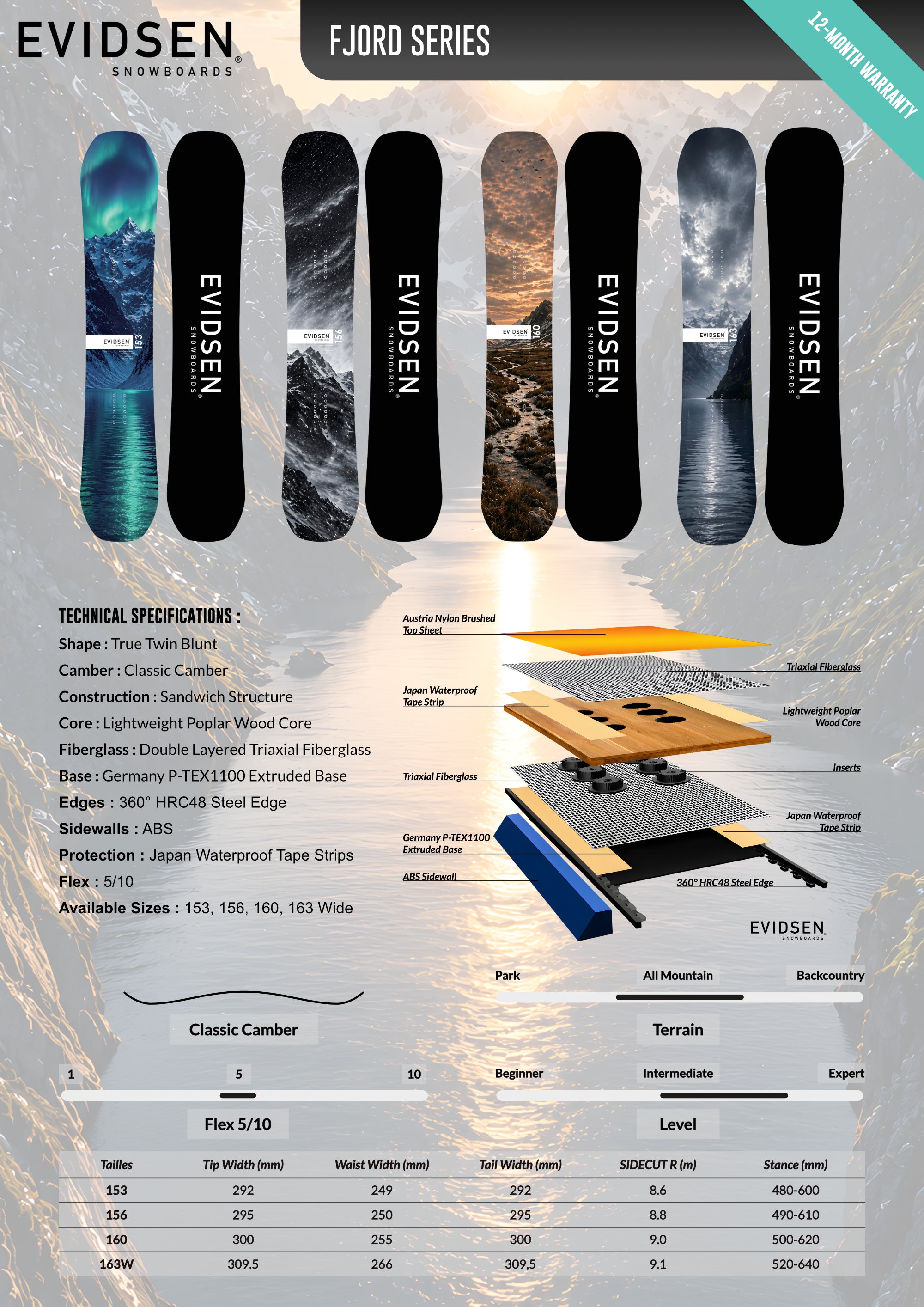 EVIDSEN SNOWBOARDS - Planche de Snowboard FJORD SERIES - Tundra - 160
