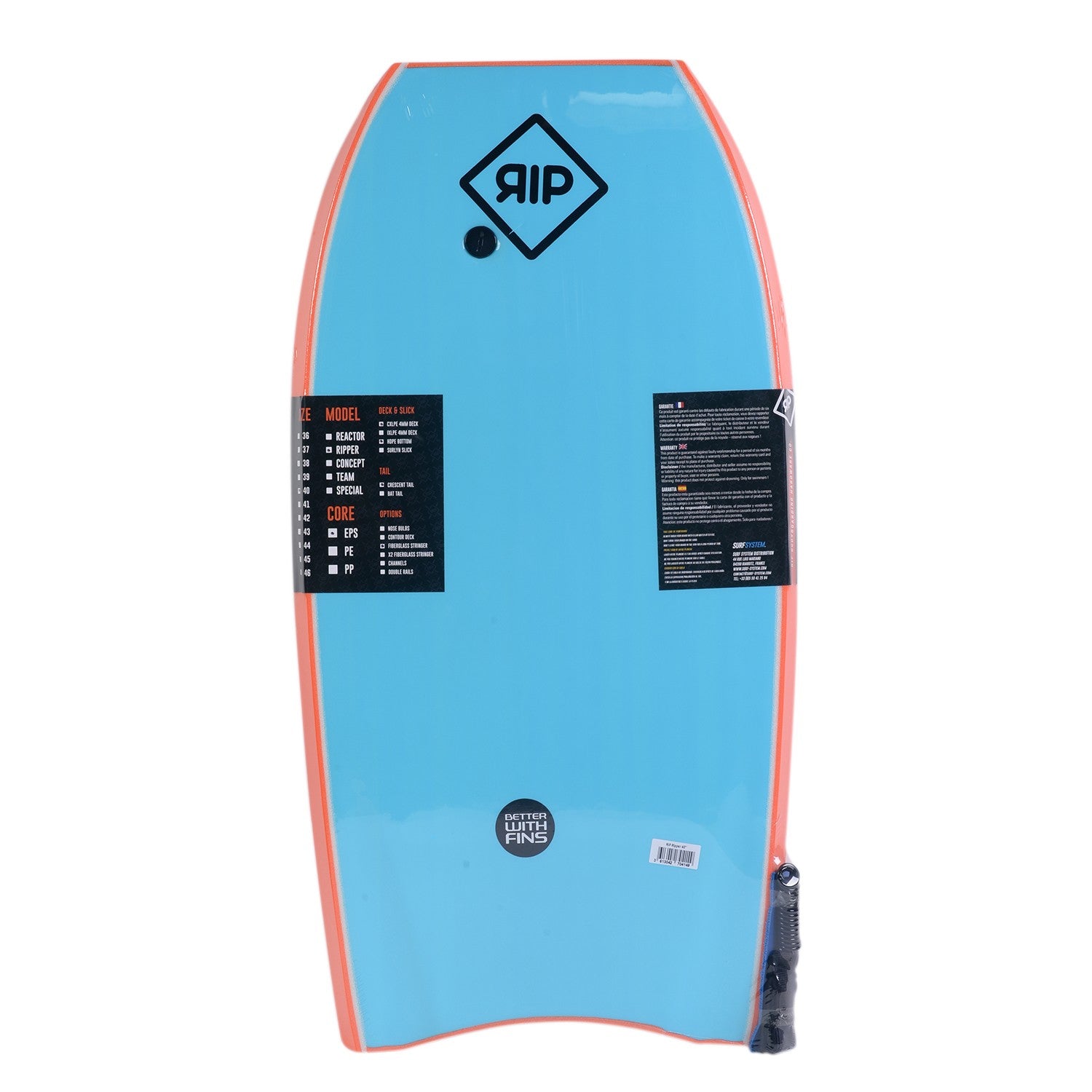 RIP Bodyboard - Ripper Stringer avec leash (EPS) - Orange / Blue