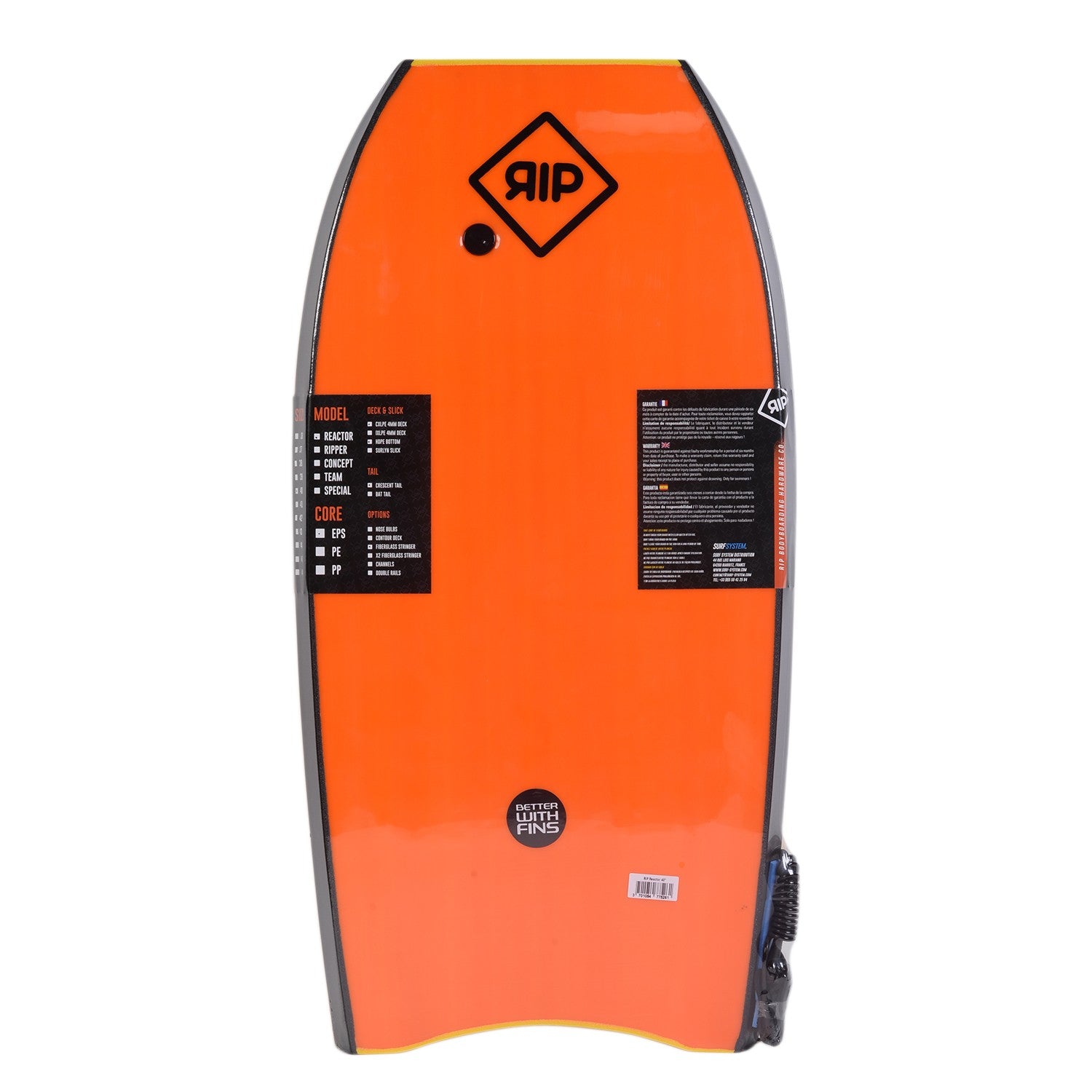 RIP Bodyboard - Reactor Stringer avec leash (EPS) - Yellow / Orange