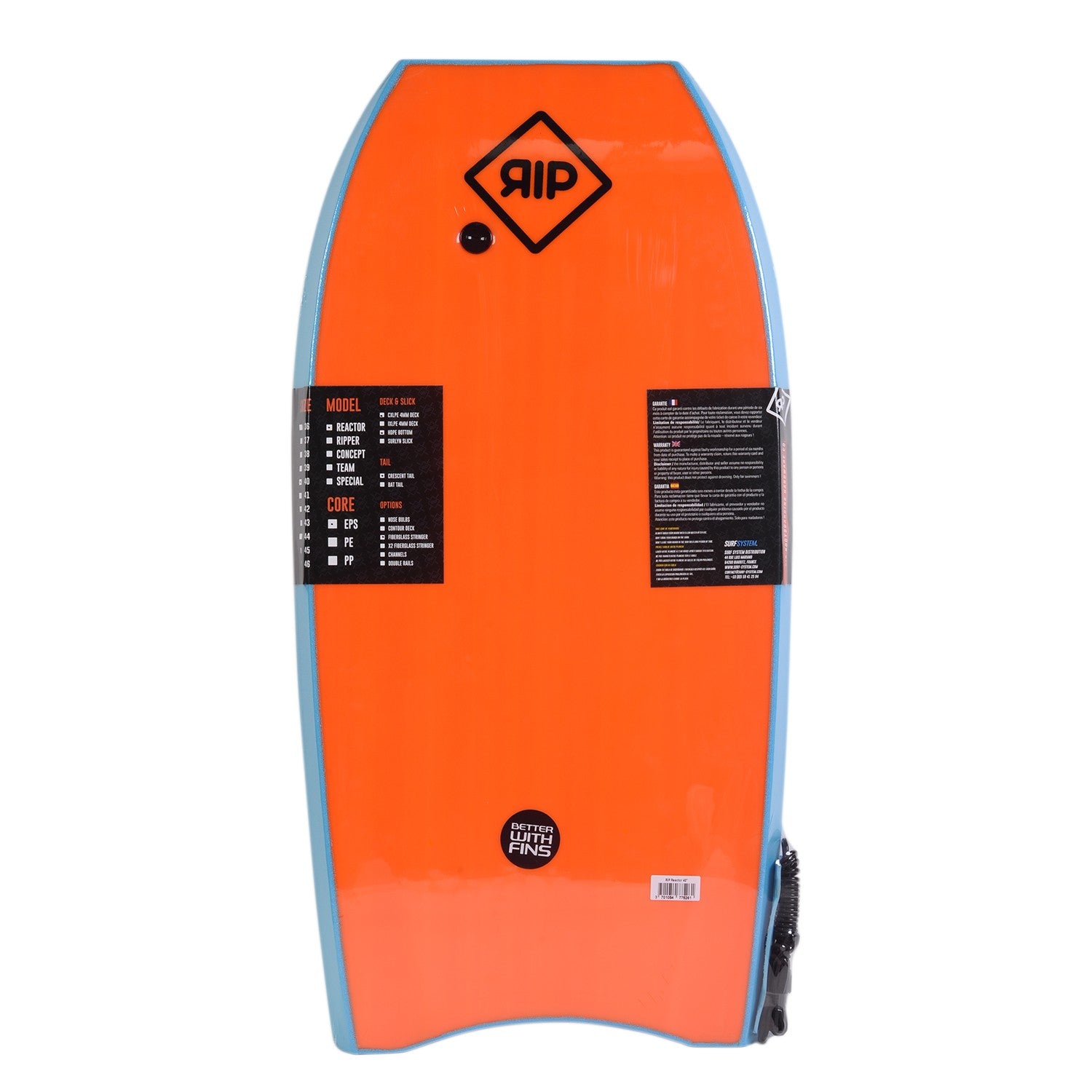 RIP Bodyboard - Reactor Stringer con leash (EPS) - Azul / Naranja