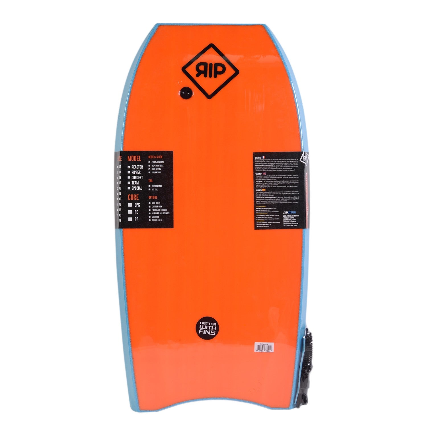 RIP Bodyboard - Reactor Stringer avec leash (EPS) - Blue / Orange