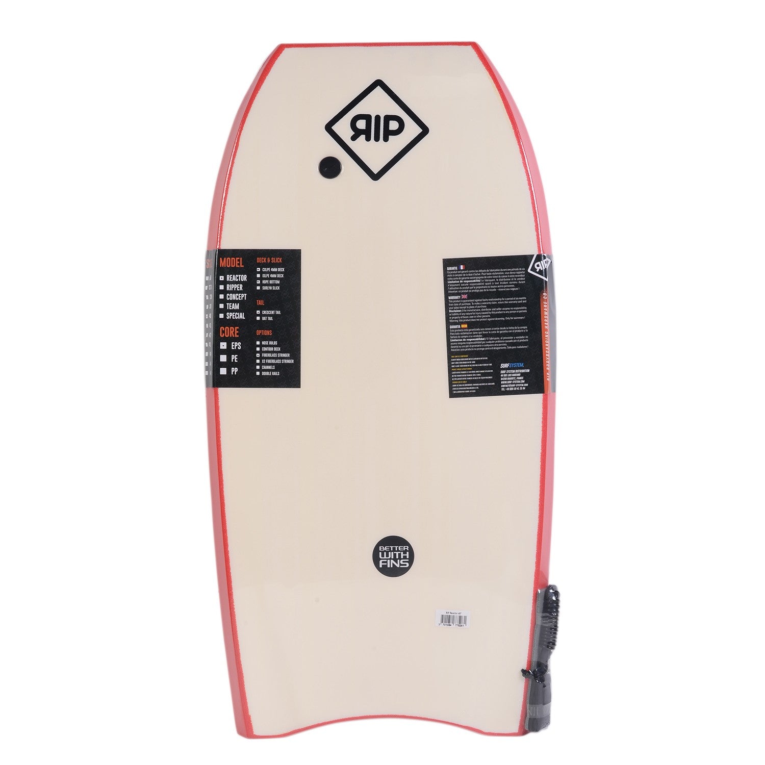 RIP Bodyboard - Reactor Stringer avec leash (EPS) - Red / White