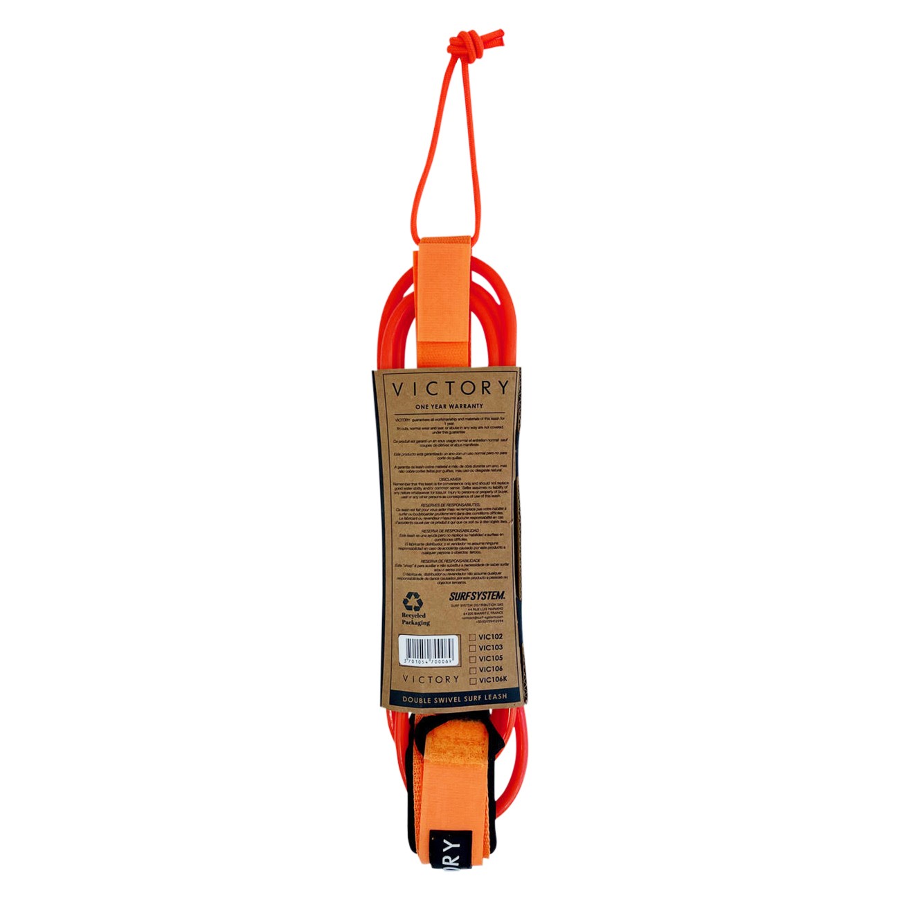 VICTORY - Surf Leash Regular 8' - Neon Orange