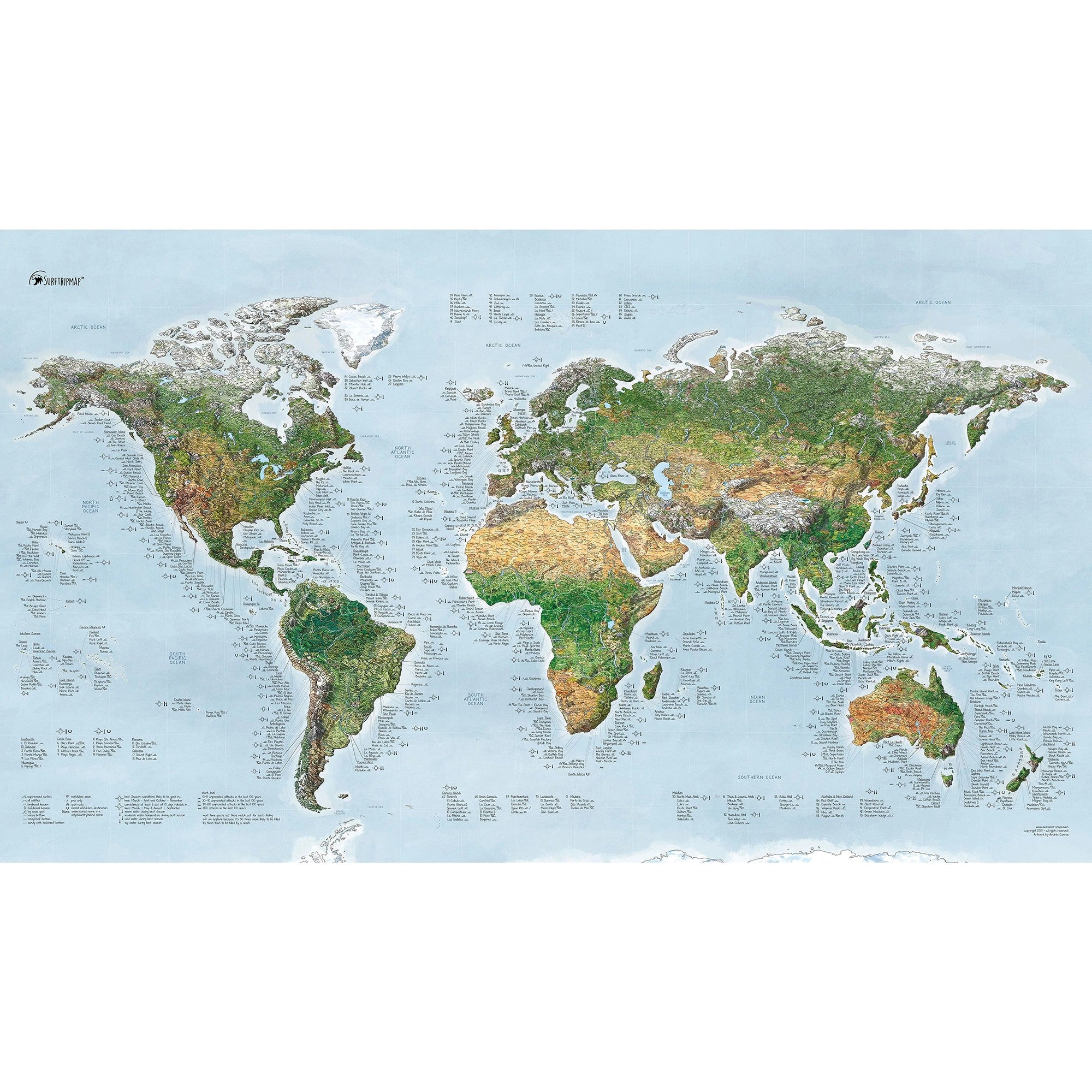 Awesome Maps - Poster Carte du Monde - Green Surf Trip