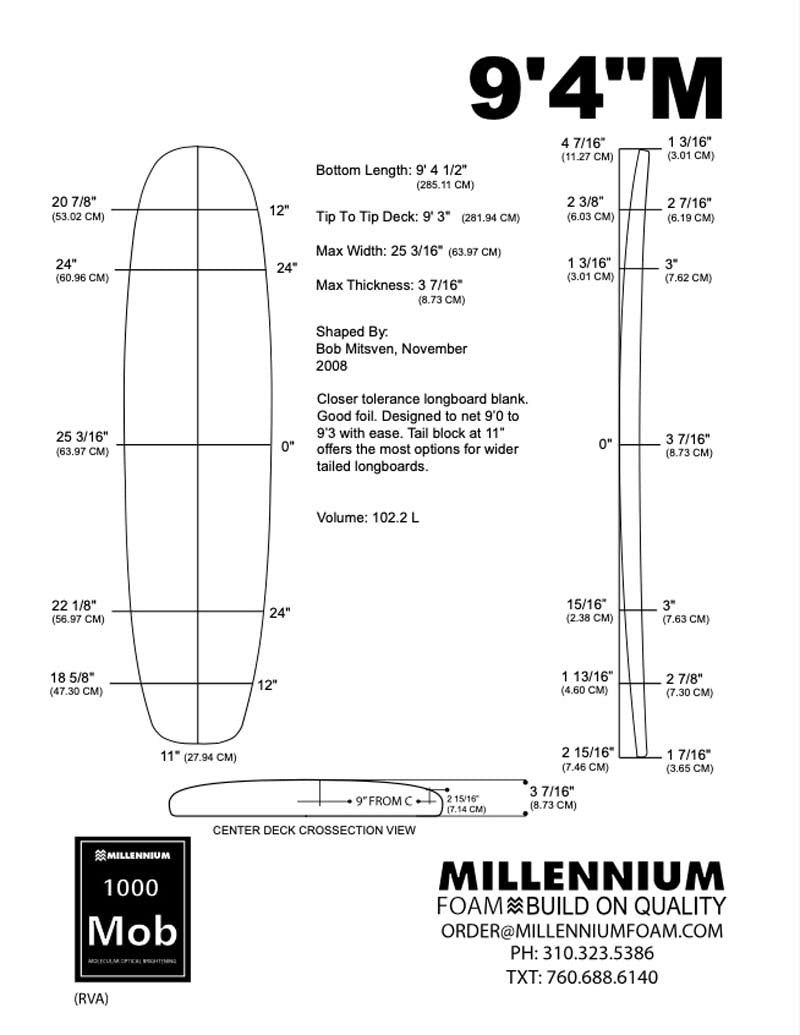 Pain de mousse MILLENNIUM - 9'4 -  BLUE 1/4 DARK WOOD NATURAL ROCKER