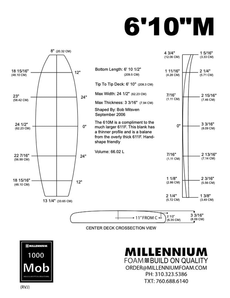 Pain de mousse MILLENNIUM 6'10 BLUE 1/8 BASS NATURAL ROCKER