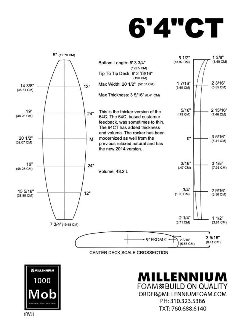 MILLENNIUM 6'4 CT BLUE 1/8 BASS NATURAL ROCKER foam bar