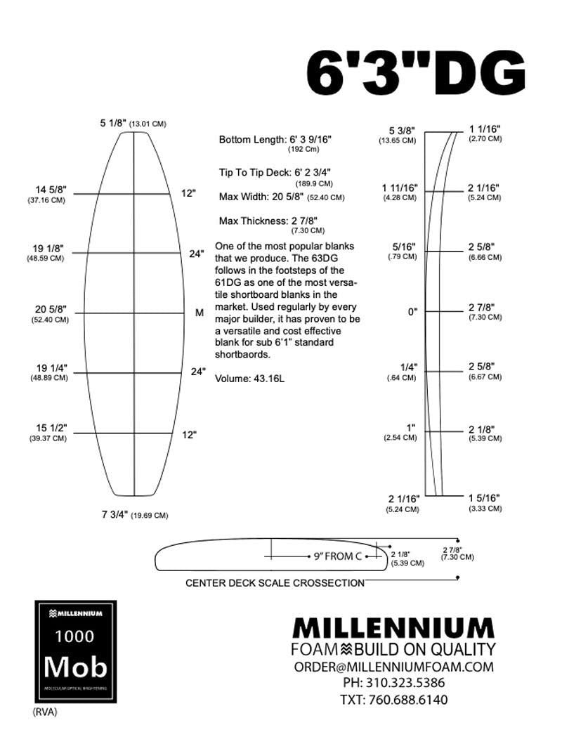 Pain de mousse MILLENNIUM 6'3 DG BLUE 1/8 BASS NATURAL ROCKER