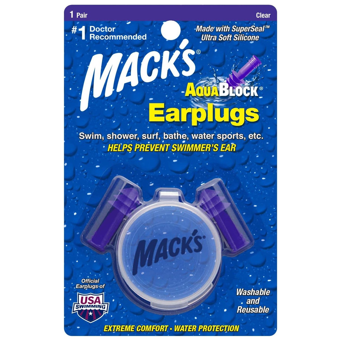 MACK'S EARPLUGS - Aqua Block - Purple - 1 Pair