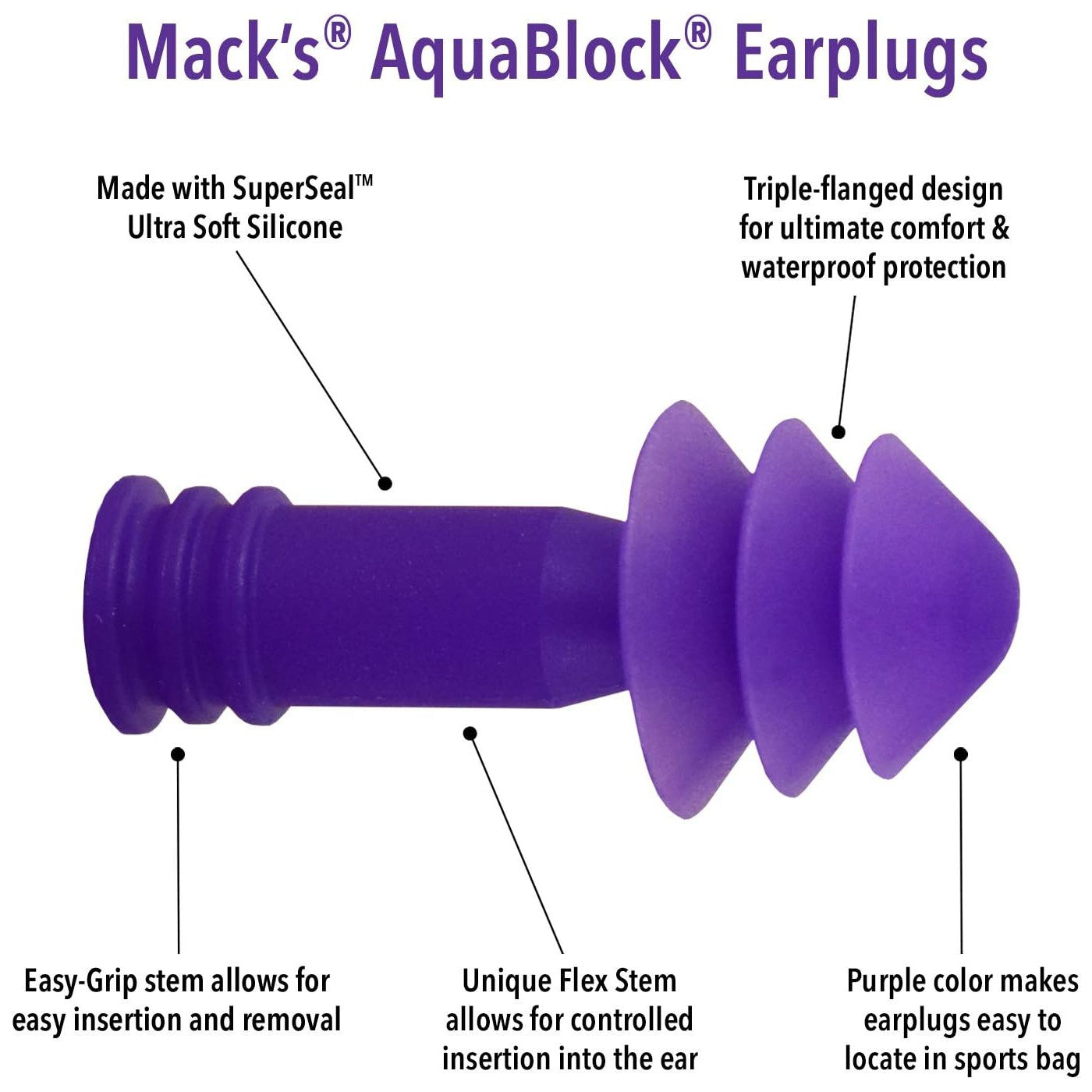 TAPONES PARA LOS OÍDOS MACK'S - Aqua Block - Púrpura - 1 par