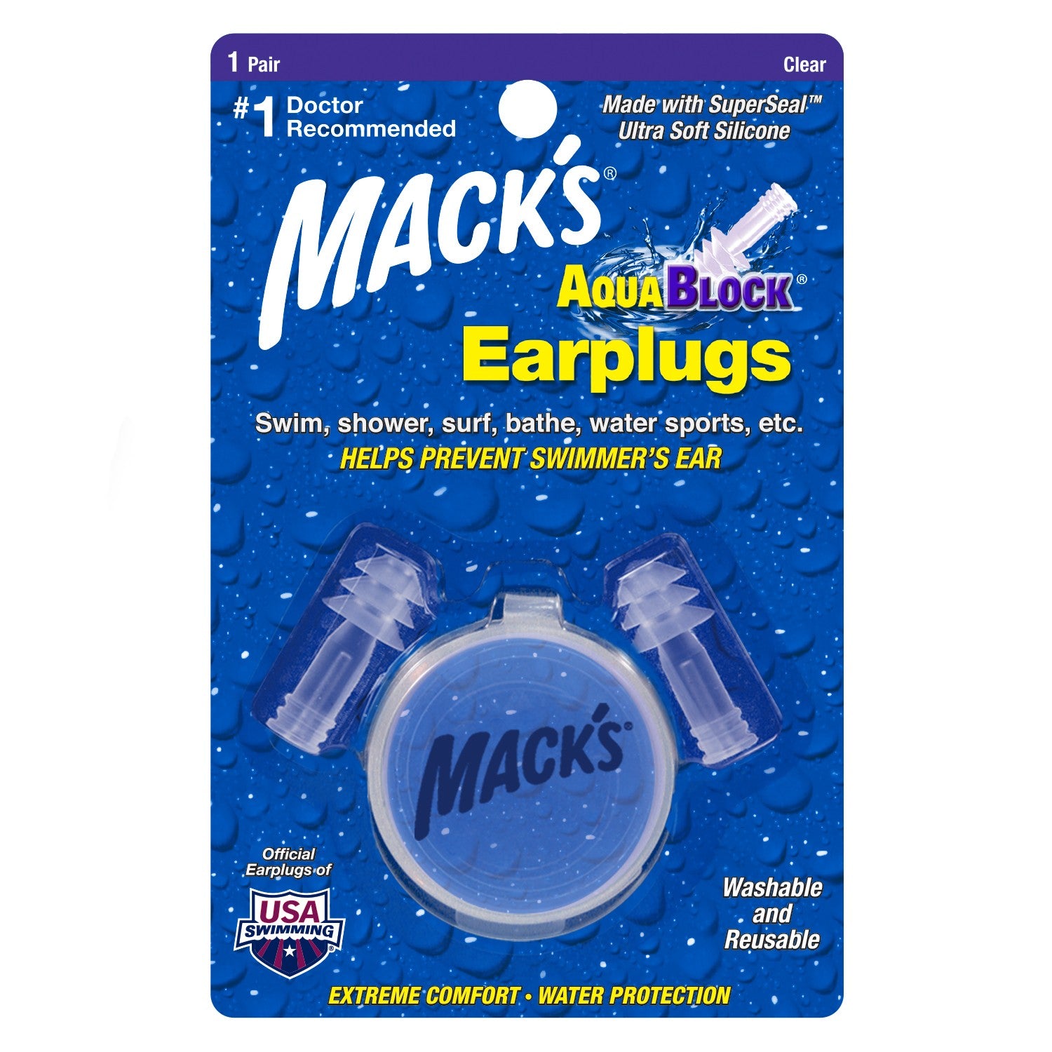 MACK'S EARPLUGS - Aqua Block - Clear - 1 Paire