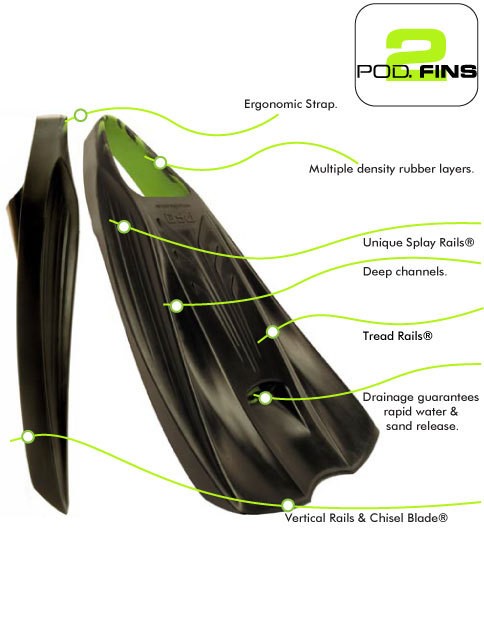 POD - PF2 - Bodyboard Fins - Black / Lime