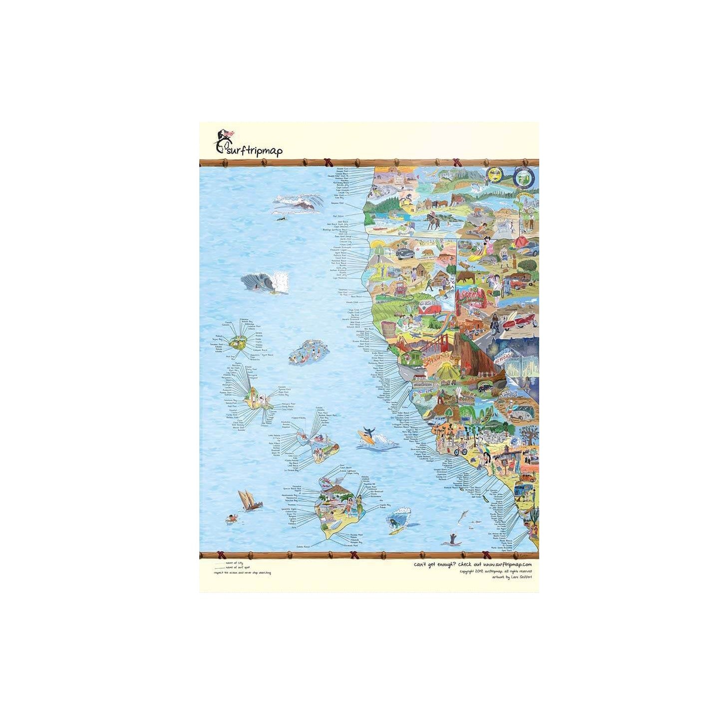 Awesome Maps - Poster West Coast USA Surf Spots Map