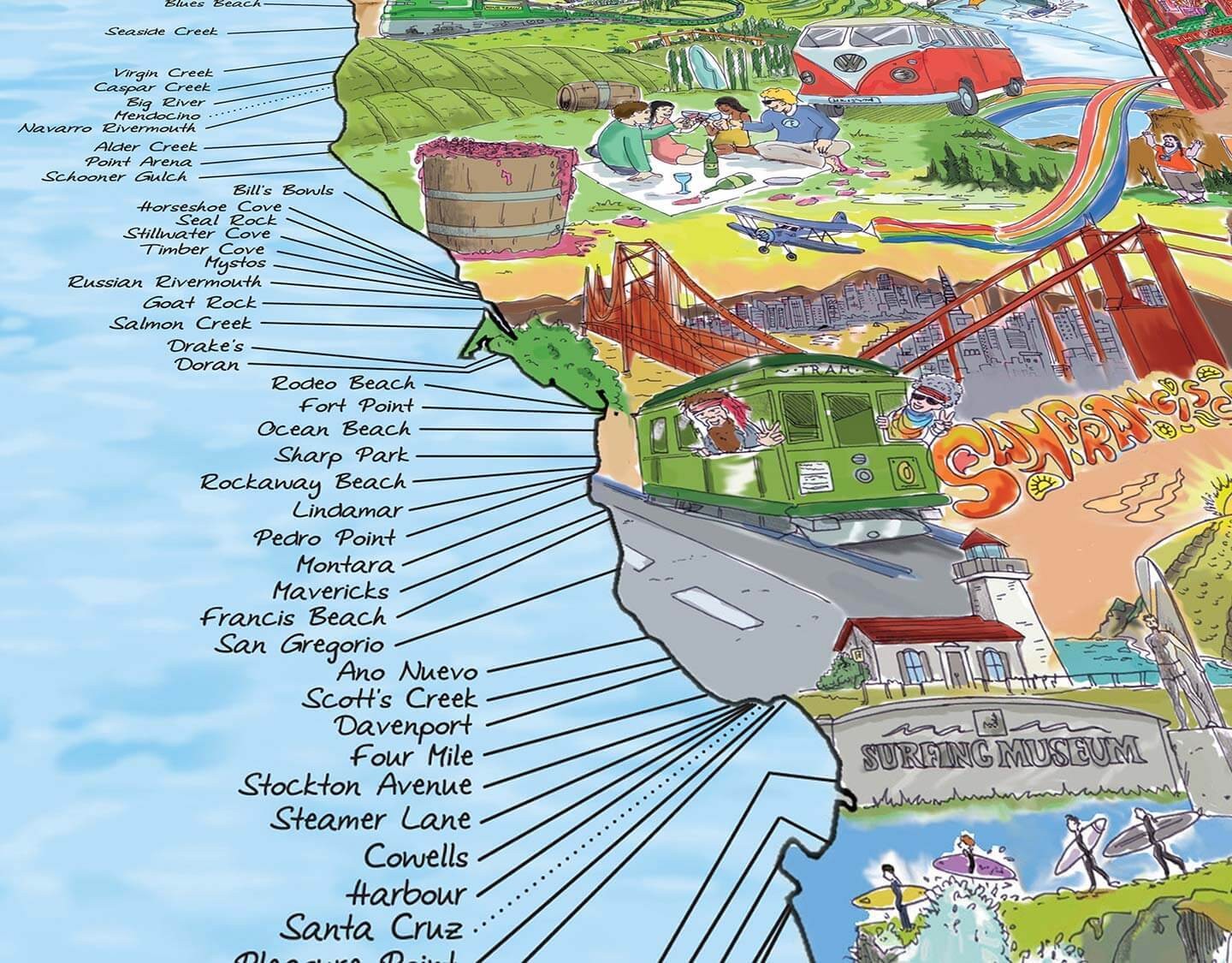 Mapas impresionantes - Póster Mapa de zonas de surf de la costa oeste de EE. UU.
